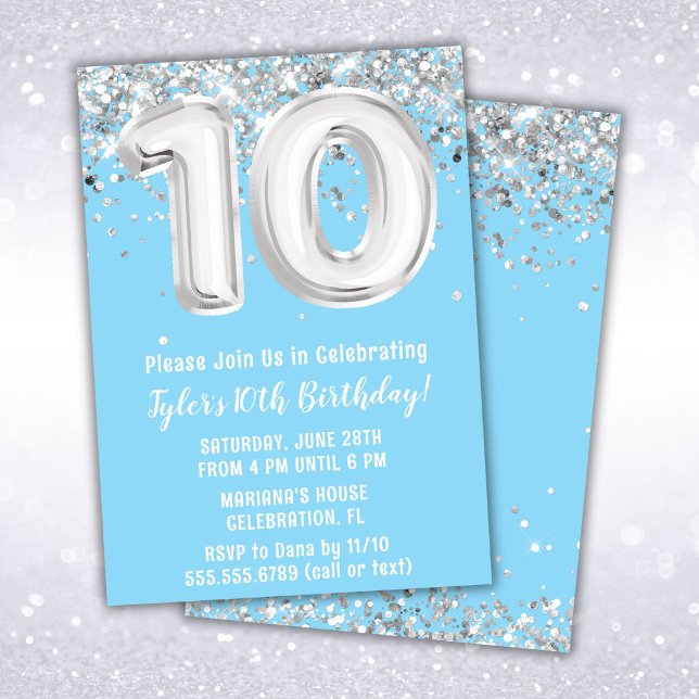 Light Blue Silver 10th Birthday Party Invitation (Creator Uploaded)