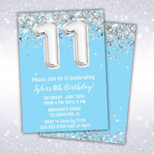 Light Blue Silver 11th Birthday Party Invitation
