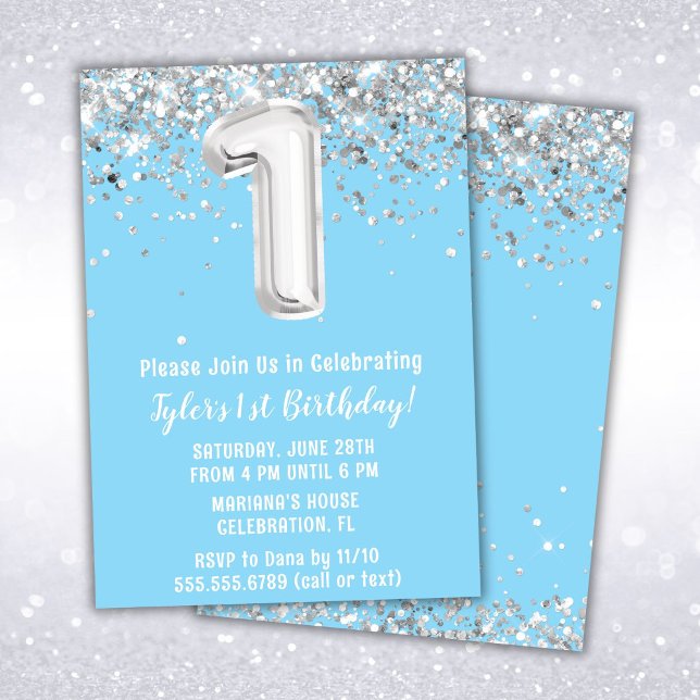 Light Blue Silver 1st Birthday Party Invitation (Creator Uploaded)