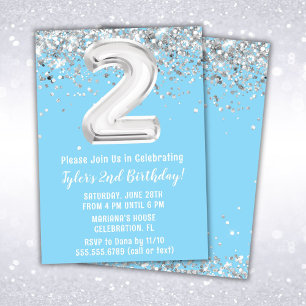 Light Blue Silver 2nd Birthday Party Invitation