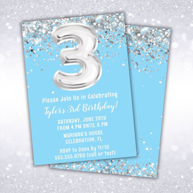 Light Blue Silver 3rd Birthday Party Invitation (Creator Uploaded)