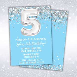 Light Blue Silver 5th Birthday Party Invitation