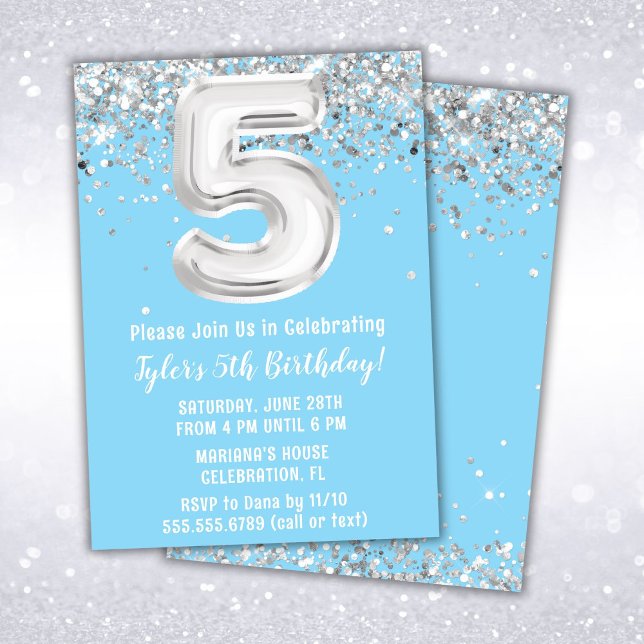 Light Blue Silver 5th Birthday Party Invitation (Creator Uploaded)