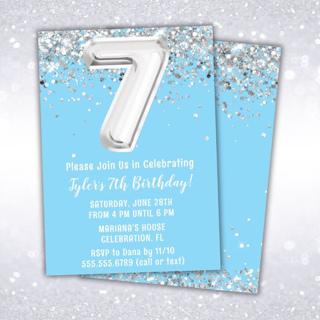 Light Blue Silver 7th Birthday Party Invitation (Creator Uploaded)