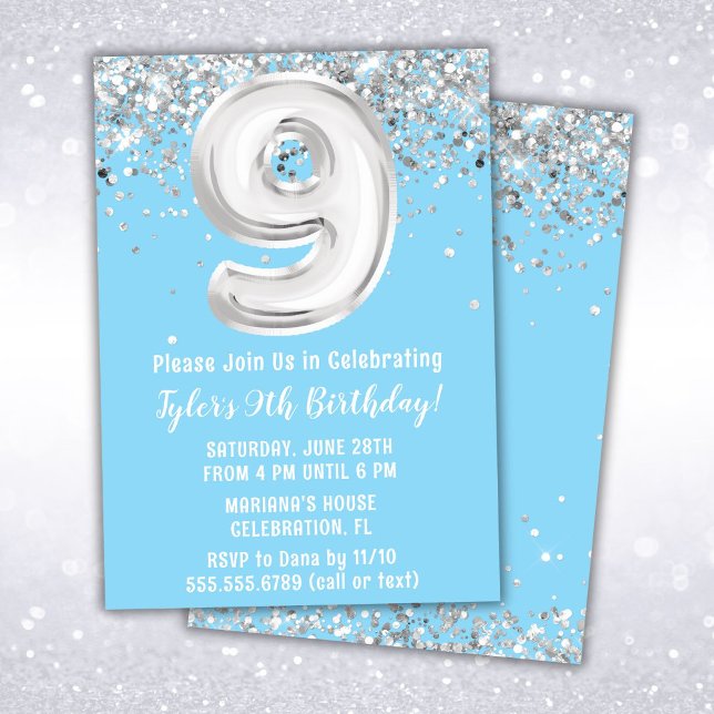Light Blue Silver 9th Birthday Party Invitation (Creator Uploaded)
