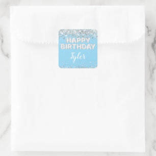 Light Blue Silver Birthday Party Favour Square Sticker