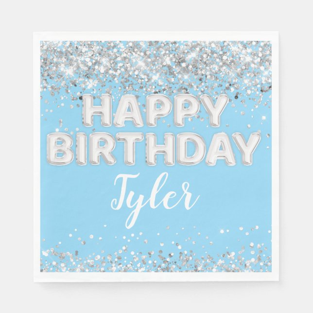 Light Blue Silver Birthday Party Napkin (Front)