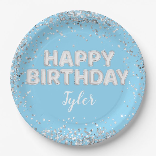 Light Blue Silver Birthday Party Paper Plate (Front)