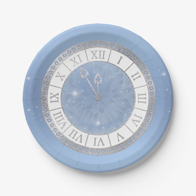 Light Blue Silver Cinderella Clock Princess Party Paper Plate (Front)