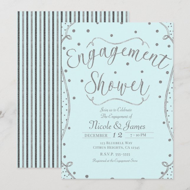 Light Blue & Silver Engagement Shower Invitation (Front/Back)
