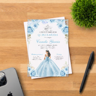 Light Blue & Silver Floral Princess Quinceañera Acrylic Invitations