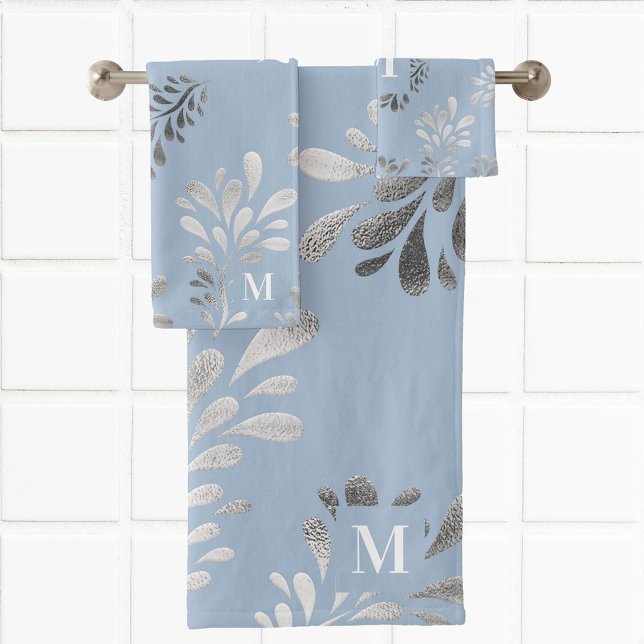 Light blue silver foliage botanical monogram bath towel set (Creator Uploaded)