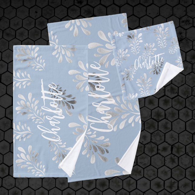 Light blue silver foliage botanical name script bath towel set (Creator Uploaded)