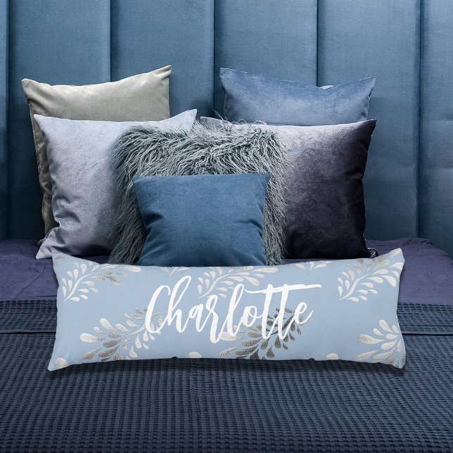 Light blue silver foliage botanical name script body pillow (Creator Uploaded)