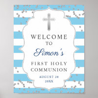 Light Blue Silver Glitter First Communion Welcome