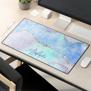 Light Blue Silver Glitter Sparkle Agate Monogram Desk Mat