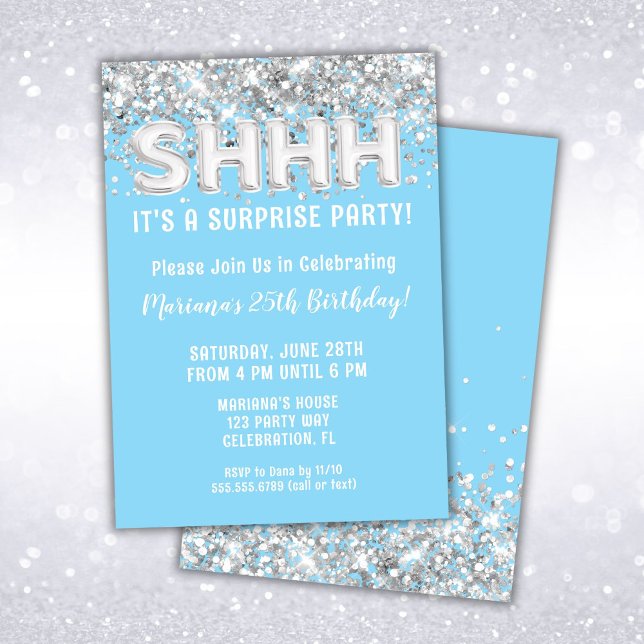 Light Blue Silver Glitter Surprise Birthday Party Invitation (Creator Uploaded)