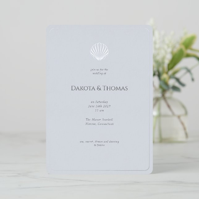 Light Blue Silver Seashell Wedding invitation (Standing Front)