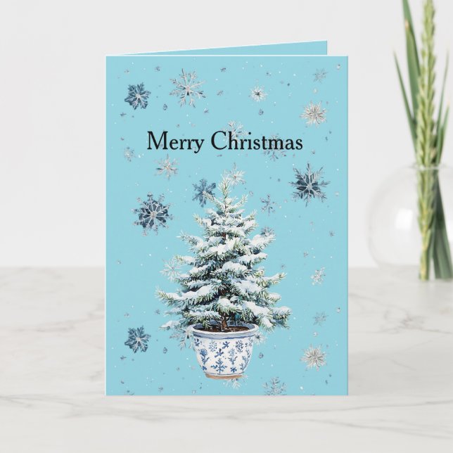 Light Blue Silver Snowflakes Christmas Tree Card (Front)