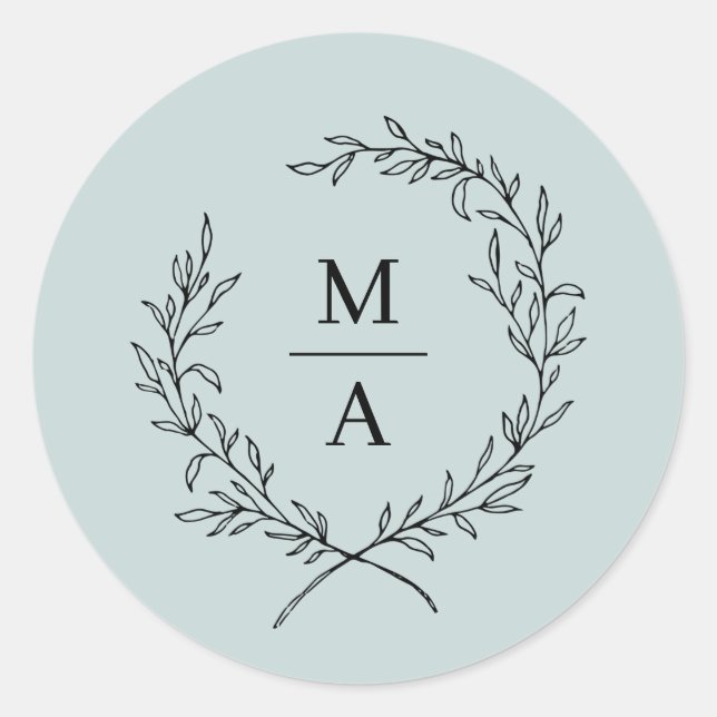 Light Blue Simple Elegant Laurel Wreath Monogram Classic Round Sticker (Front)