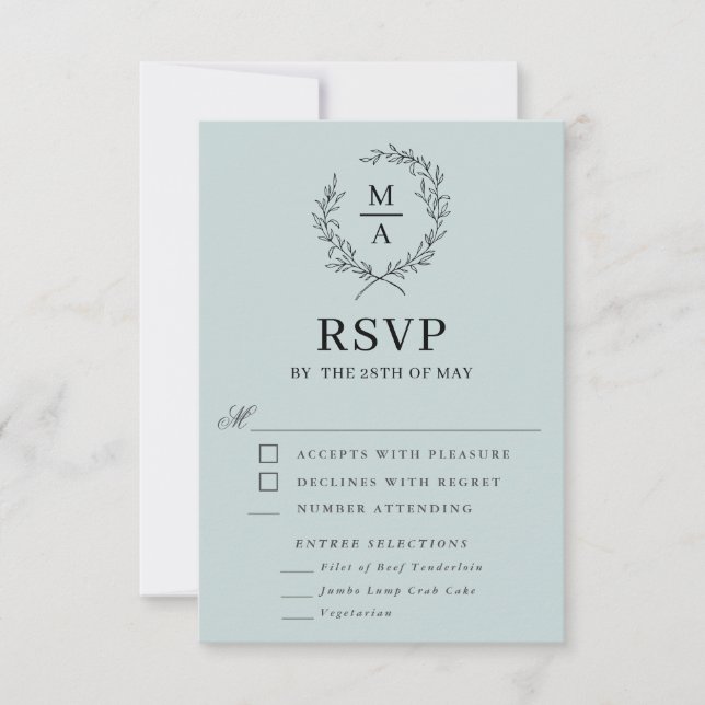 Light Blue Simple Elegant Monogram RSVP with Meal Card (Front)