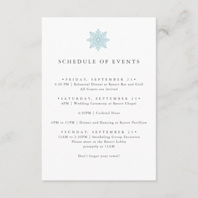 LIGHT BLUE SNOWFLAKE WEDDING SCHEDULE OF EVENTS ENCLOSURE CARD (Front)