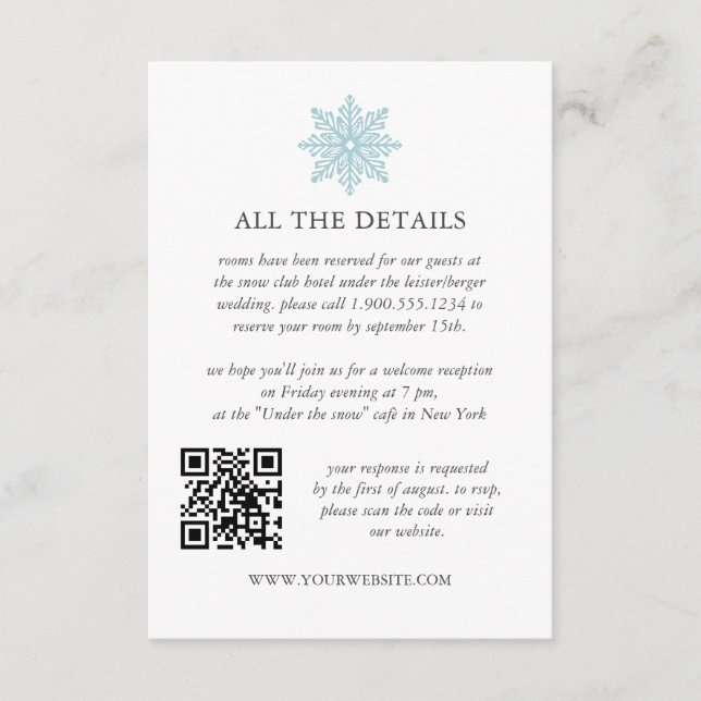 Light Blue Snowflake Winter WEDDING QRCode Details Enclosure Card (Front)