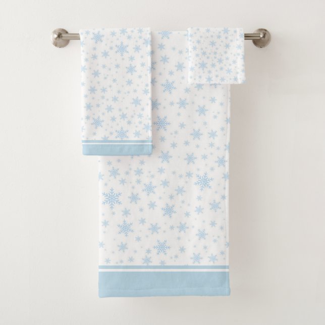 Light Blue Snowflakes on White Bath Towel Set (Insitu)