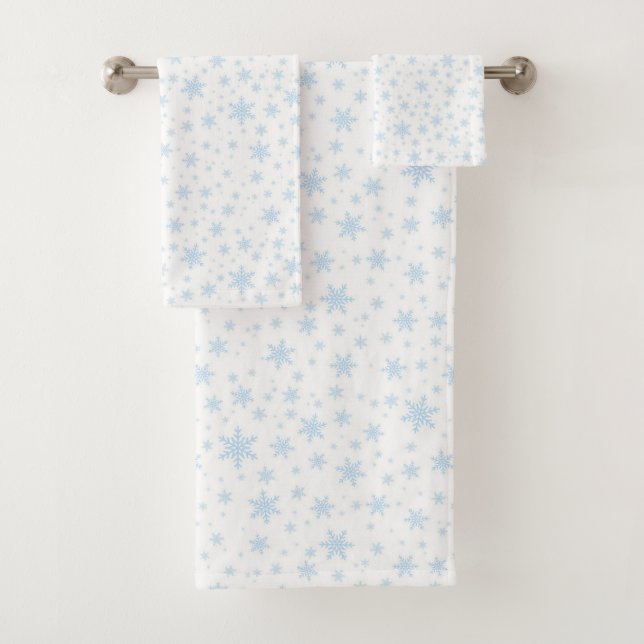 Light Blue Snowflakes on White Bath Towel Set (Insitu)