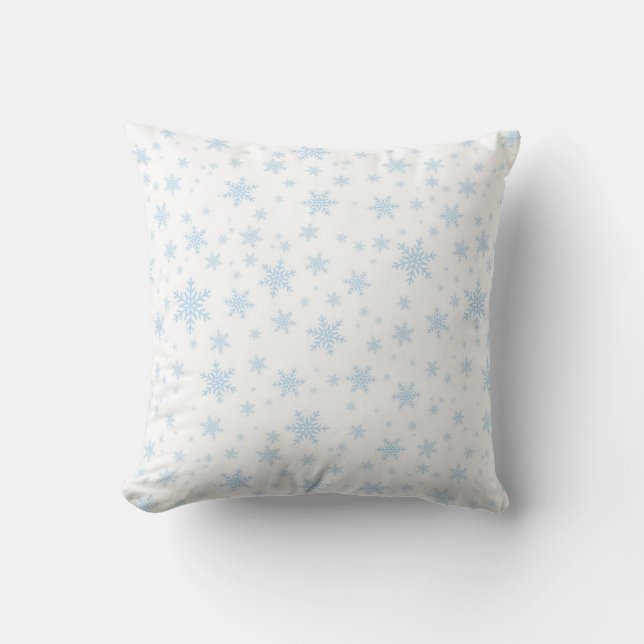 Light Blue Snowflakes on White Throw Pillow (Front)