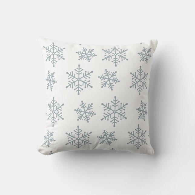 Light Blue Snowflakes on White Throw Pillow (Front)