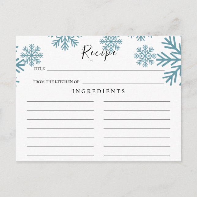 Light Blue Snowflakes Wedding Recipe Card (Front)