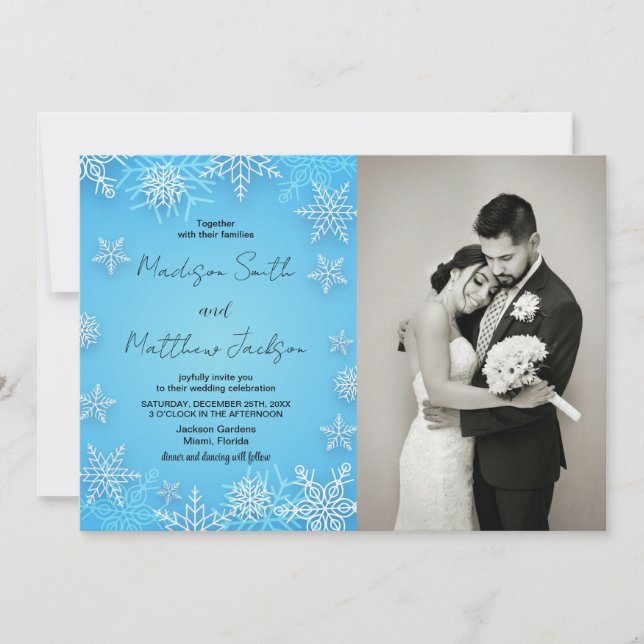 Light Blue Snows Wedding Invitations with photo (Front)