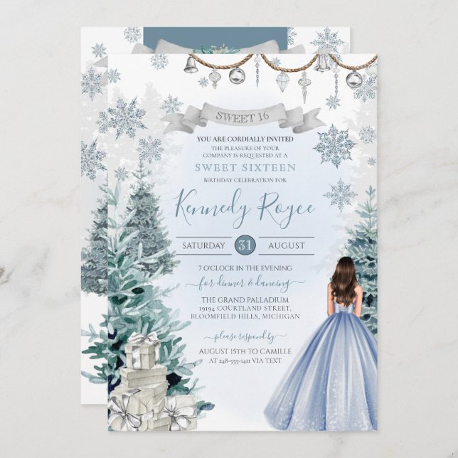 Light Blue Snowy Winter Sweet 16 Birthday Invitation (Front/Back)