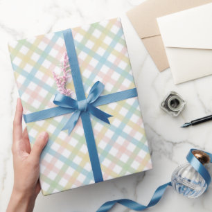 Light Blue Soft Green Blush Pink Plaid Pattern Wrapping Paper