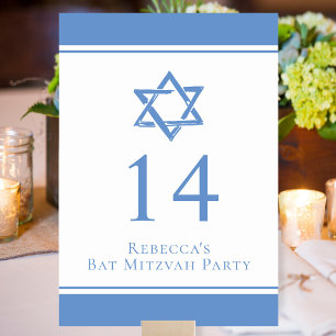 Light Blue Star of David Bat Mitzvah Party Table Number