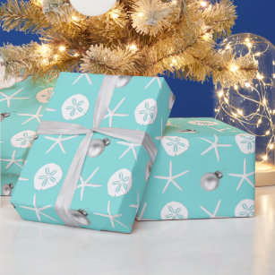 Light Blue Starfish Sand Dollar Tropical Christmas Wrapping Paper