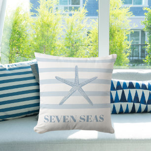 Light blue starfish stripes text coastal outdoor pillow