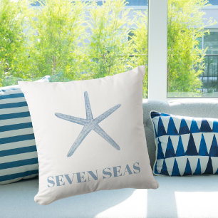 Light blue starfish text modern coastal outdoor pillow