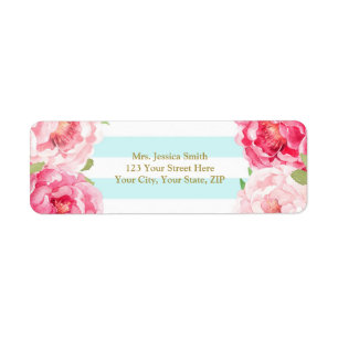 Light Blue Stripe Pink Floral Return Address Label