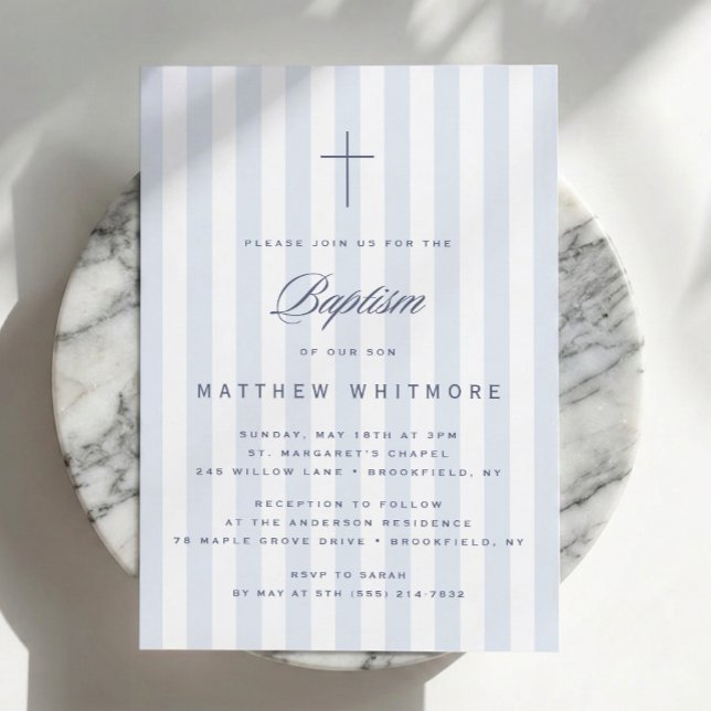 Light Blue Striped Boy Baptism Invitation (Creator Uploaded)