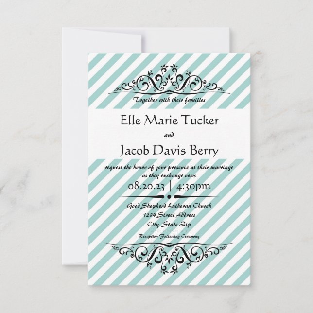 Light Blue Striped Flourish-3x5 Wedding Invitation (Front)