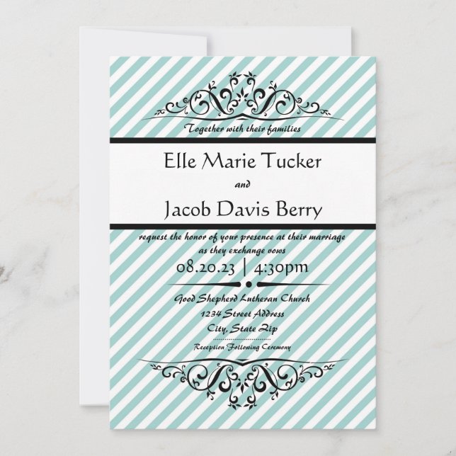 Light Blue Striped Flourish Wedding Invitation (Front)