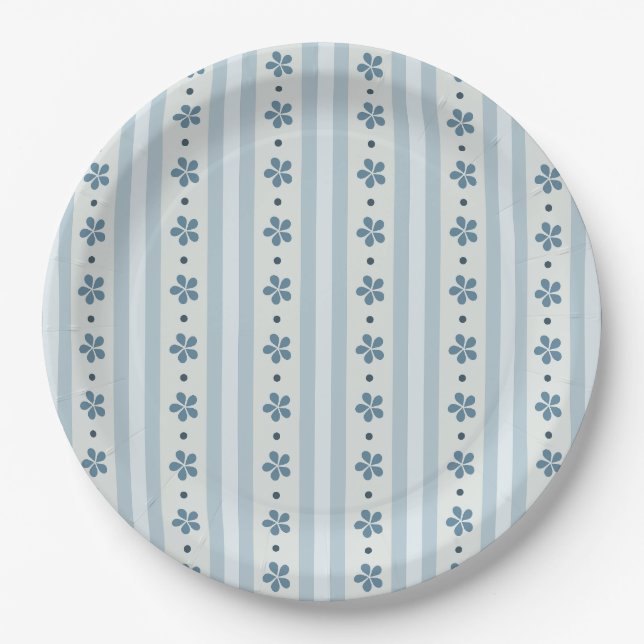 Light Blue Stripes And Flowers Paper Plate (Front)
