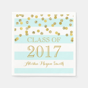 Light Blue Stripes Gold Confetti  2017 Graduation Napkin