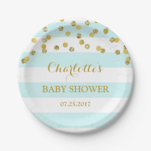 Light Blue Stripes Gold Confetti Baby Shower Plate