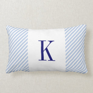 Light Blue Stripes Navy Blue Monogram Lumbar Pillow