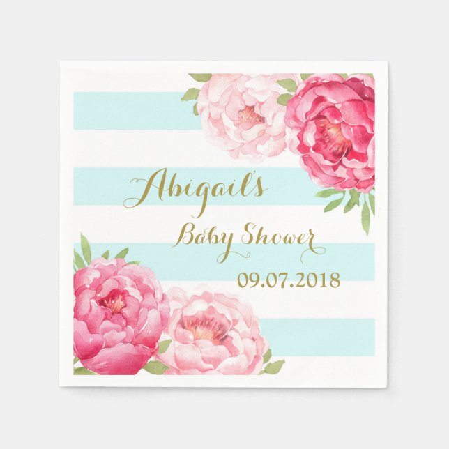 Light Blue Stripes Pink Floral Baby Shower Napkins (Front)
