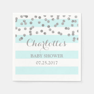 Light Blue Stripes Silver Confetti Baby Shower Napkin