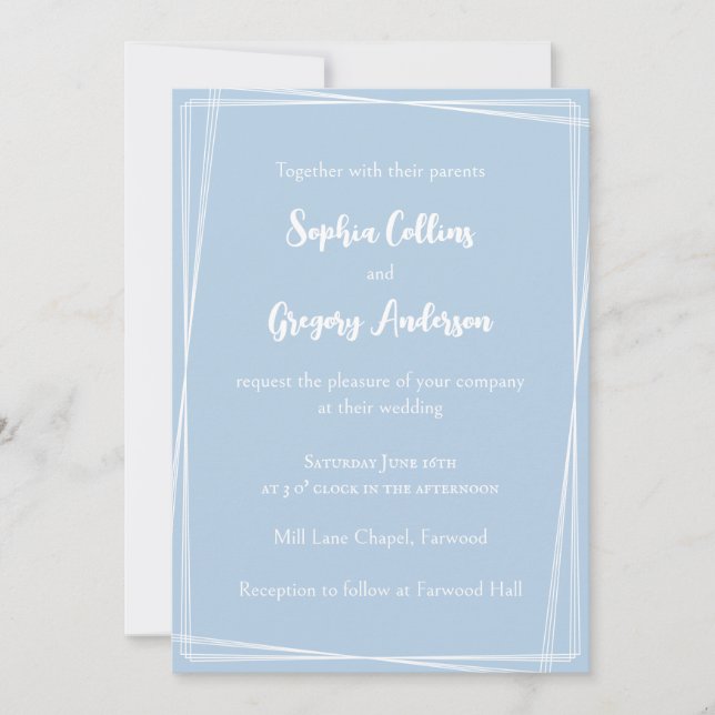 Light Blue Stylish Script Geometric Frame Wedding Invitation (Front)